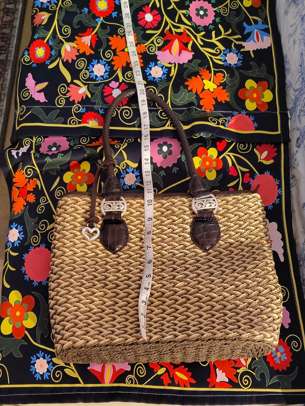 Like New Brighton Classic Woven Straw Tote Bag with Brown Leather Trim